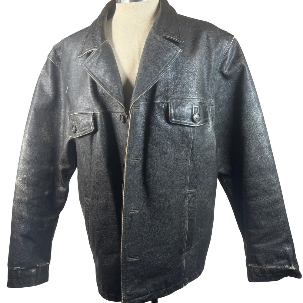 Distressed Leather Jacket Black Button Barn Coat Colebrook & Co Mens XL